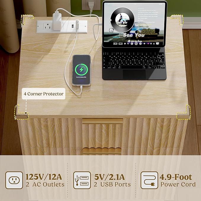 Lulive Wood Night Stand Set 2 Fluted Dresser for Bedroom 3 Drawers End Tables Nightstand with Charging Station, Storage Modern Side Table Natural
