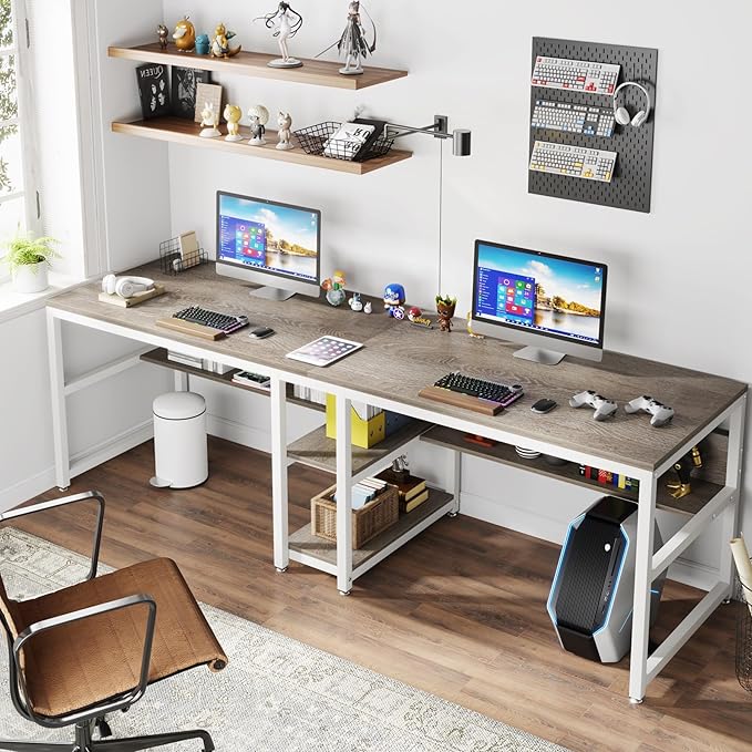 Tribesigns Two Person Desk with Bookshelf, 78.7 Computer Office Double Desk for Two Person, Rustic Writing Desk Workstation with Shelf for Home Office (Gray/White)