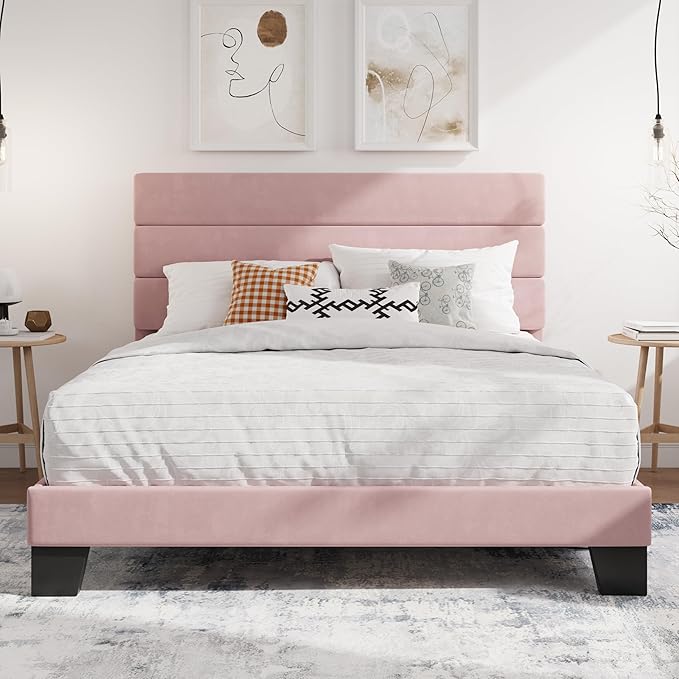 SHA CERLIN Full Platform Bed Frame with Velvet Upholstered Headboard, Mattress Foundation with Strong Wooden Slats Support, No Box Spring Needed, Pink