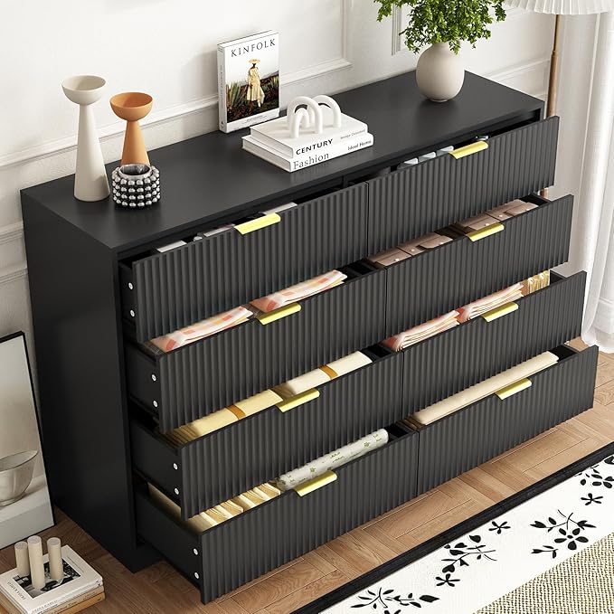 3-Piece Modern Bedroom Furniture Set, Wide 8-Drawer Dresser & 1-Drawer Nightstands Set of 2, Natural Wood Dresser and Nightstand Sets for Bedroom, Hallway, Black
