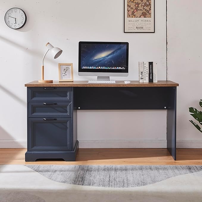 60" Farmhouse Executive Desk with Charging Station,Home Office Desk with 2 Drawers &1 File Cabinet,Fluted Computer Desk for Office and Home (Blue)