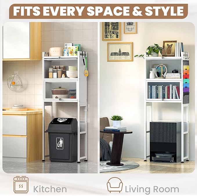 ZZL Over The Toilet Storage Cabinet,3-Tier,Bathroom Toilet Organizer,Waterproof, Cabinet Door Design,Freestanding Space Saver with 4 Hooks for Bathroom,White