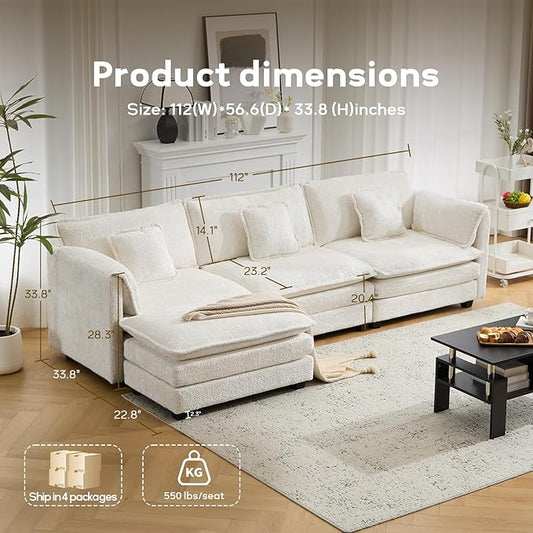 112" Modular Sectional Sofa with Movable Ottoman, L Shaped Couches for Living Room, 3 Seater Comfy Cloud Couch with Removable Cover, Armrest Pillow (Beige)