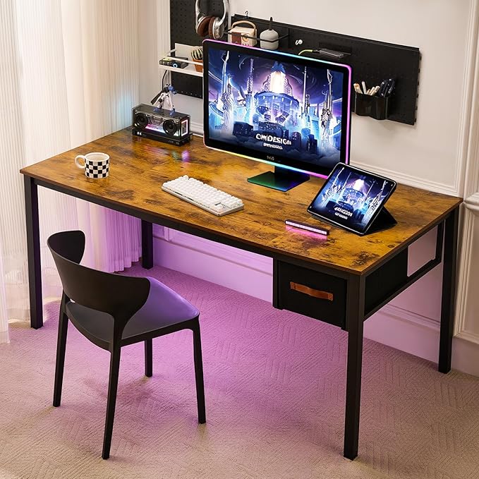 Computer Desk with Drawer, 63 Inch Large Home Office Work Desks, Modern Writing Study PC Desk Gaming Table for Bedroom Home, Stable Thick Metal Legs Frame Support (Rustic Brown)