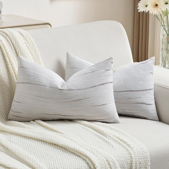 FUTEI Grey Chenille Decorative Throw Pillow Covers 12x20 Inch Set of 2,Soft Embossed Striped Textured Lumbar Pillow Cases,Modern Home Decor for Couch Bed Living Room