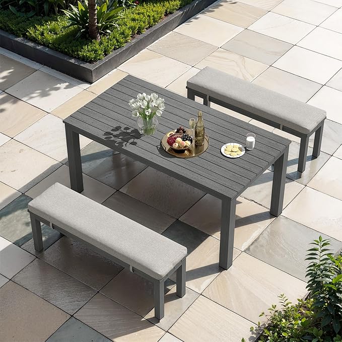 Aluminum Patio Dining Sets, 3 Pieces Patio Table Set, Outdoor Dining Table with 2 Bench, Outdoor Patio Dining Furniture Set with Removable Cushion for Lawn, Garden, Backyard, Grey