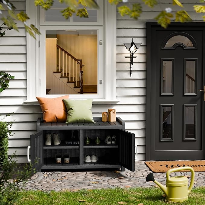 Storage Bench - 2 Doors Waterproof Resin Shoe Bench with Adjustable Shelves - Indoor & Outdoor Use, Entryway Bench with Seating for Bedroom, Living Room, Hallway - Black