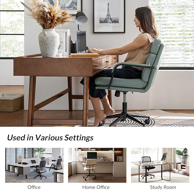 HULALA HOME Modern Faux Leather Home Office Chair with Tilt Lock & Metal Base, Desk Chair with Wheels & Padded Cushion, 360° Swivel Wide Seat Computer Task Chair, Sage