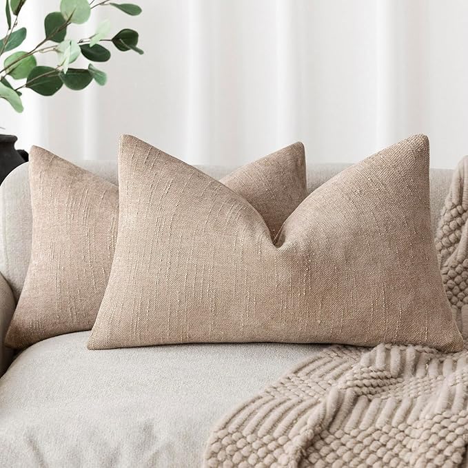 Foindtower Set of 2 Textured Chenille Throw Decorative Pillow Covers Square Accent Solid Cushion Cover Neutral Farmhouse Lumbar Pillow Case for Couch Sofa Bedroom Living Room 12x20 Inch,Cream Camel