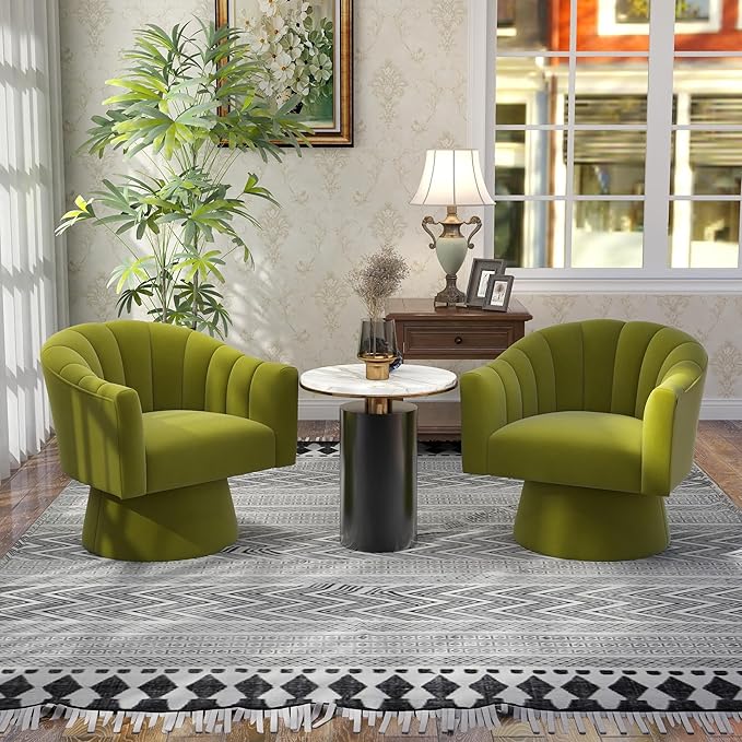 Swivel Accent Chair,Upholstered Velvet 360° Swivel Barrel Chair for Living Room Overstuffed Bouncle Reading Chair Round Armchair for Bedroom,Vanity,Office(Grass-Green)