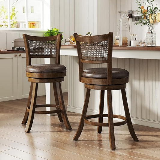 COSTWAY 25” Swivel Counter Height Barstools Set of 4, Rubber Wood Bar Stools with Rattan Backrest, Footrest, Upholstered Leathaire Armless Chairs for Kitchen Island, Pub, Brown (4, 25” Seat Height)