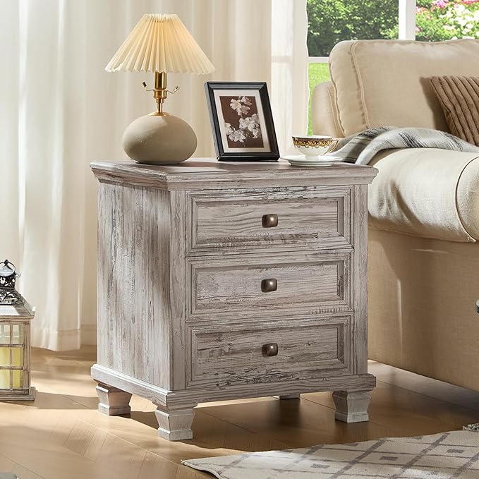 Farmhouse Nightstand Set of 2, Rustic Accent End Table with 3 Drawers & 4 Square Solid Wood Legs, Vintage Bed Side Table with Storage, Small Dresser for Bedroom, Living Room, Grey