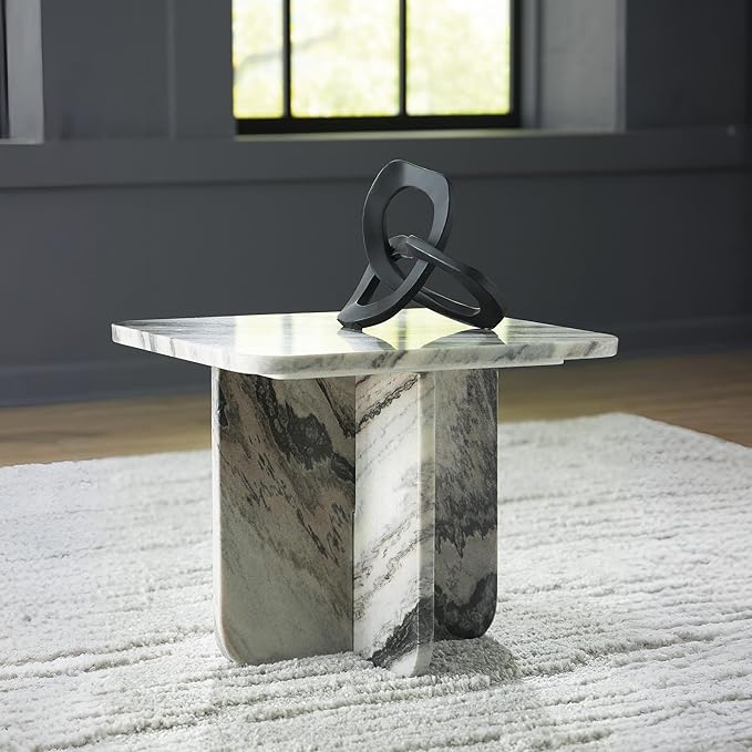 Signature Design by Ashley Baretton Contemporary Marble Accent Coffee Table with Cross Pedestal Base, Black & White