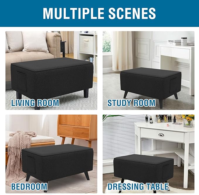 H.VERSAILTEX Ottoman Cover Rectangle Fit Length 33"-34" Footrest Linen Look Ottoman Slipcovers Thick Covers Slipcover Rectangle Slipcovers for Ottomans Sturdy Foot Stool Cover - Heather Black