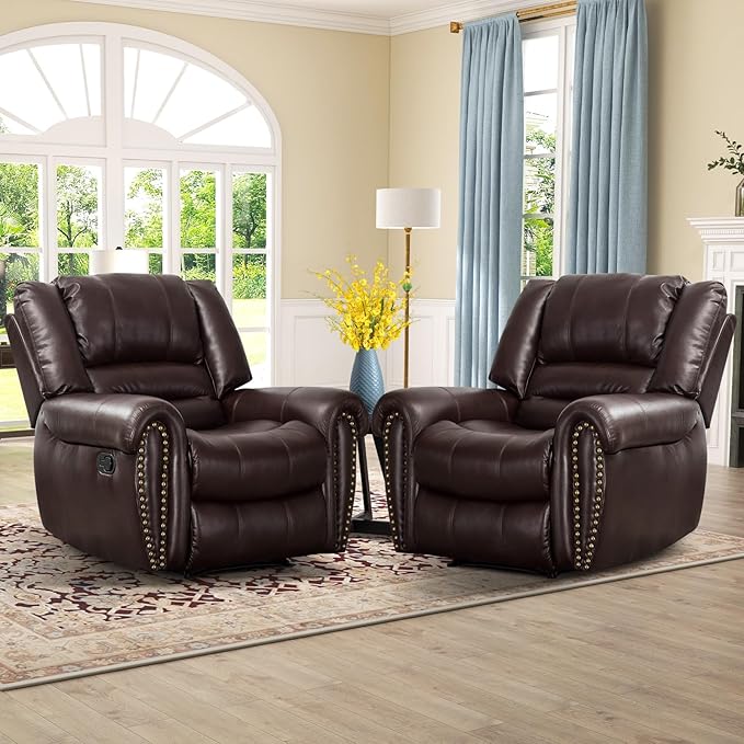 CANMOV Leather Recliner Chair Set of 2, Classic and Traditional Manual Recliner Chair with Comfortable Arms and Back,Manual Single Recliner Sofa for Living Room, Brown