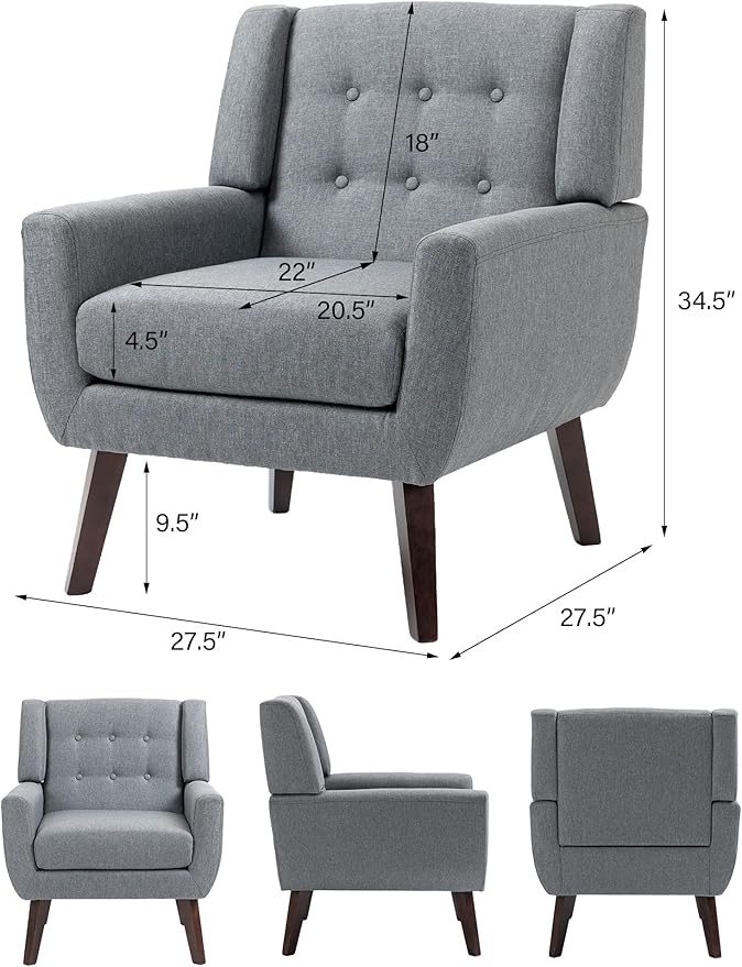 Accent Chair, Mid-Century Modern Fabric Chairs with Arms for Living Room, Comfy Upholstered Club Single Sofa Armchair for Bedroom Waiting Room with Solid Wood Frame (Fabric Grey, Set of 2)