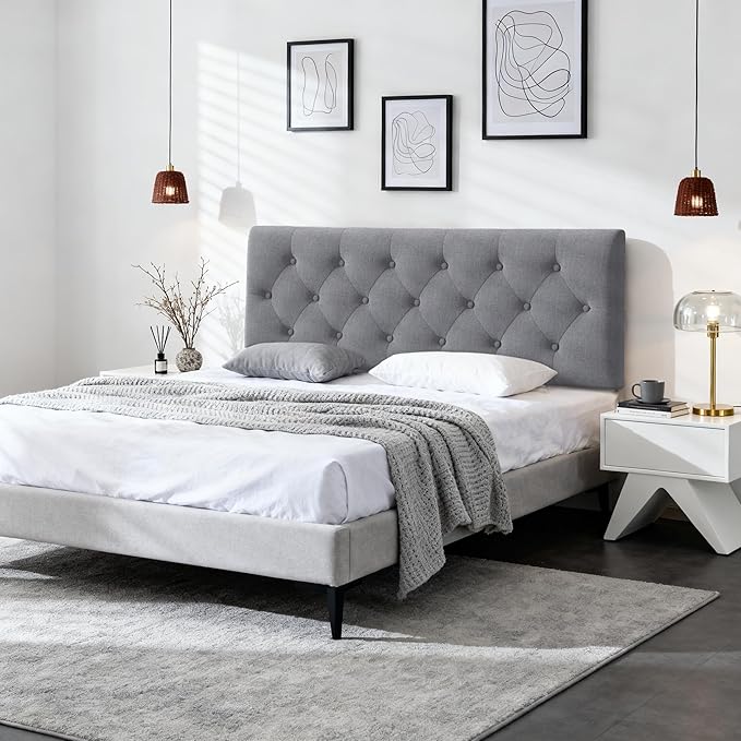 Tufted Upholstered Headboard Queen Size, Solid Wood Head Board with Durable Metal Legs, Linen Fabric Padded Headboard, Adjustable Height from 37” to 51”, Modern Button Design Head Board, Grey