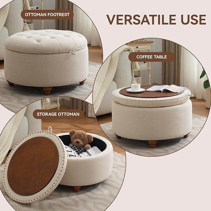 30Inch Round Storage Ottoman with Tray, Modern Tufted Fabric Circle Coffee Table with Storage, Upholstered Ottoman with Removable Top for Living Room, Bedroom, Khaki