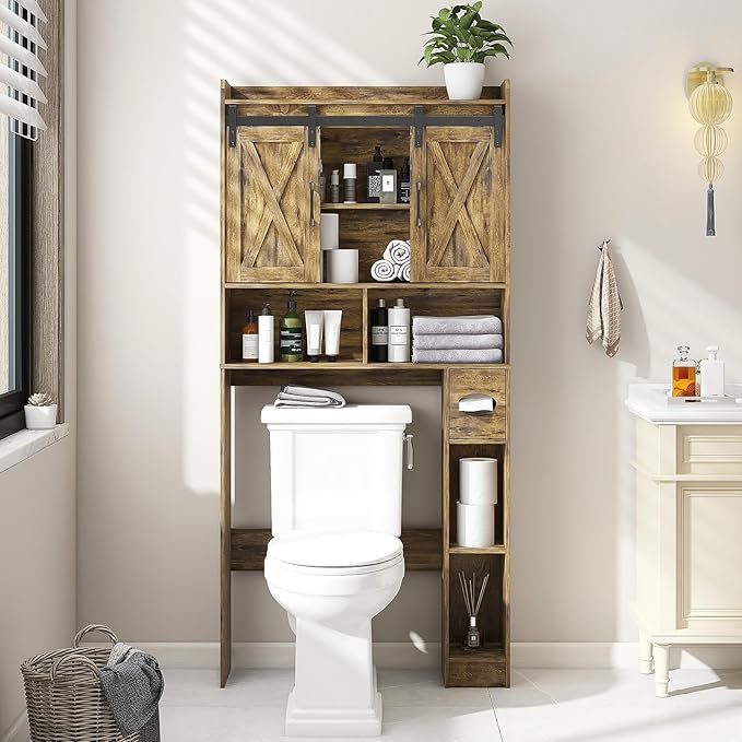 Vabches Over The Toilet Storage Cabinet, Farmhouse Storage Cabinet Over Toilet with Sliding Doors & Toilet Paper Holder Stand,Home Space-Saving Toilet Rack, for Bathroom, Restroom, Laundry