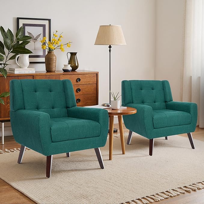 Accent Chair, Mid-Century Modern Upholstered Armchair, Comfy Fabric Living Room Chairs Reading Chairs with Button Tufted Back & Solid Wood Legs for Bedroom, Office, Light Blue