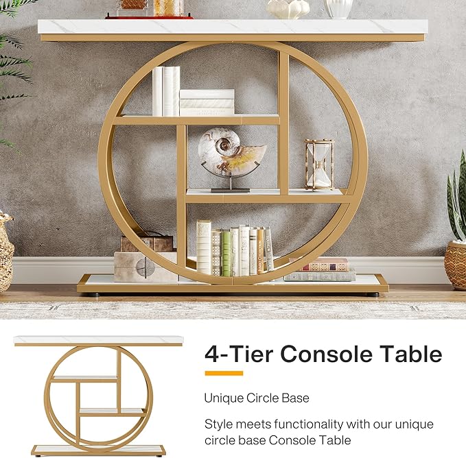Tribesigns 41.3" Console Table, Industrial 4-Tier Sofa Entryway Table with Circle Base, Narrow Wood Accent Tables with Storage Shelves for Living Room, Hallway, Foyer, White Gold