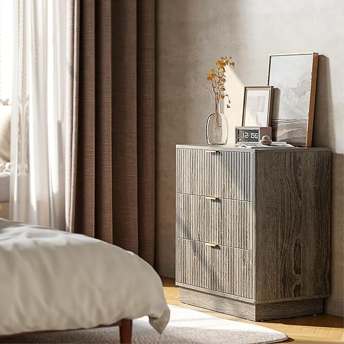 Mid Century Modern 3 Drawer Dresser for Bedroom, Fluted Wood Nightstand with Round Edge Design, Shallow Bedroom Storage for Closet, Living Room(Charcoal Oak)