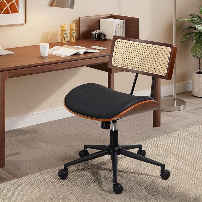 Home Office Chair with Wheels, Adjustable Height Desk Chair with Rattan Backrest, Leather Swivel Computer Chair, Armless Modern Walnut Chair for Office, Meeting Room, Black
