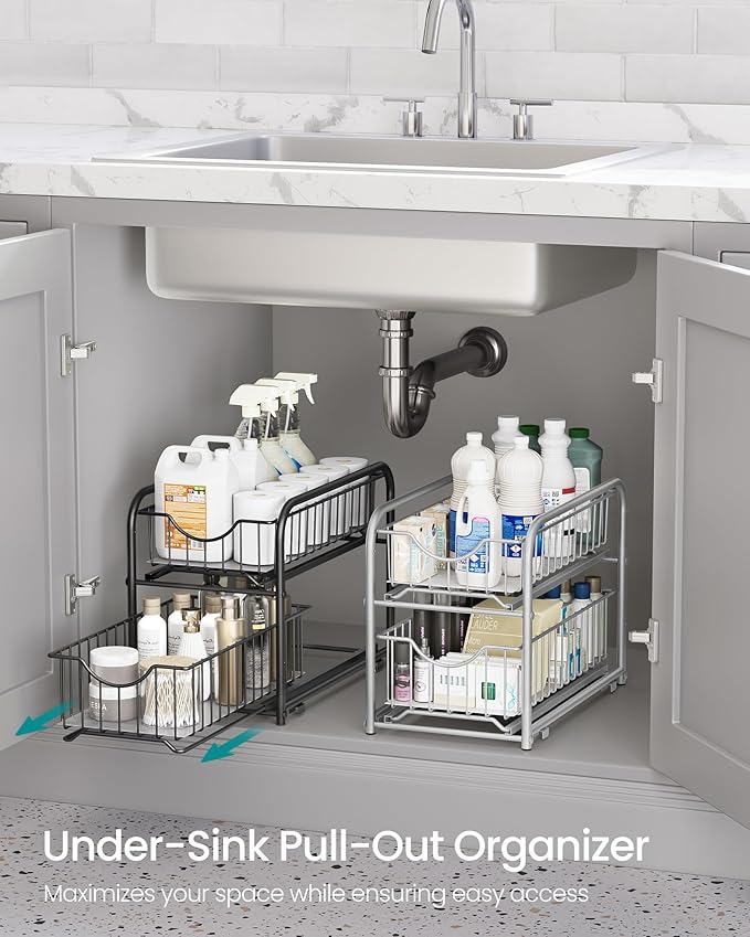 SONGMICS 2-Tier Pull Out Cabinet Organizers, Under Sink Organizer, Bathroom Organizer and Storage, Sliding Basket Drawers, Stackable for Kitchen, Bathroom, Metallic Silver UKCS017E01