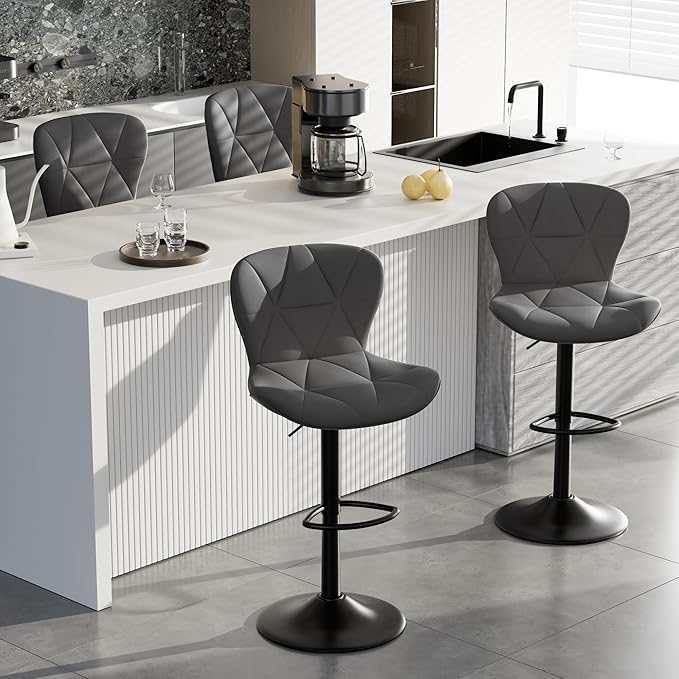 Bar Stools Set of 4,Adjustable Swivel Barstools,Counter Height Barstools with Backs Faux Leather Kitchen Island Bar Chair, Dark Grey