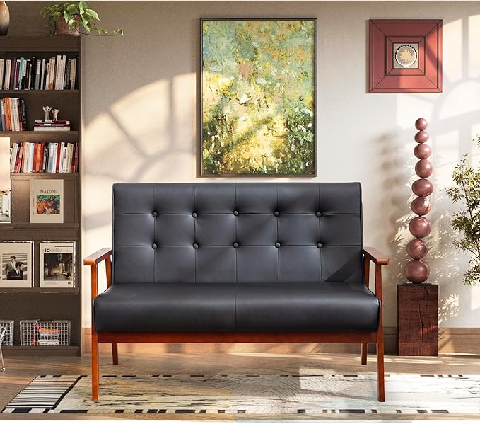 STHOUYN Black Small Leather Couch for Office, Booth Seating 2 Person Waiting Room Bench Couch, Mid Century Modern Loveseat Wood Sofa (Black)