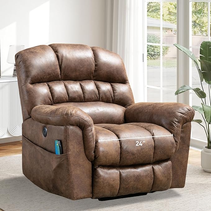 Bonzy Home Power Lift Chairs Recliner with Massage and Heating, Electric Recliner Chair with 24" Wide Seat for Big People, Full Padded Backrest, Waterproof Faux Leather, USB Charging Ports, Brown