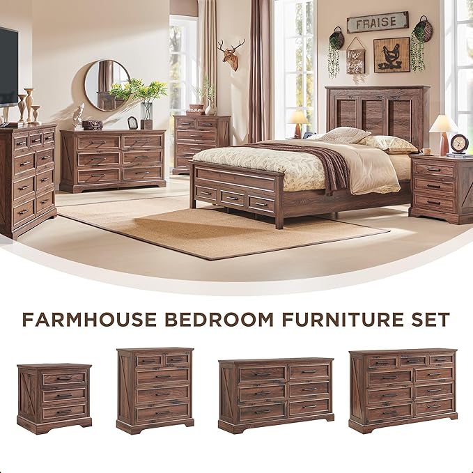 ACCOHOHO Farmhouse King Size Bed Frame with 52" Tall Headboard, Wood Platform Bedframe with Footboard and Storage Drawers, No Squeak, No Box Spring Needed, Light Brown