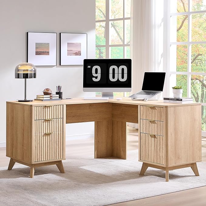 T4TREAM 60'' Fluted Executive L Shaped Desk, Modern Home Office Desk with Charging Station and File Drawer, Computer Corner Desks with Drawers & Storage Cabinet for Office Home, Bedroom, Natural Oak
