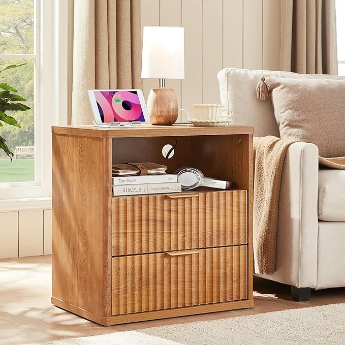 LEYAOYAO Fluted Nightstand with Charging Station, 23" Modern Night Stand with Woodgrain Top, 2 Drawers End Table w/Storage, Bedside Tables for Bedroom, Living Room, Curved Profile Design,Brown
