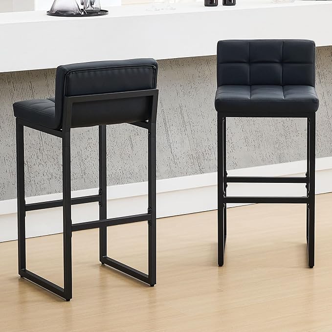 Bar Height Bar Stools Set of 2, Modern Tall Counter Stool, Faux Leather Barstools with Back, Comfortable 30-inch Seat Height Island Chairs for Kitchen Island (Black, 2Pcs 30" Bar Stools)