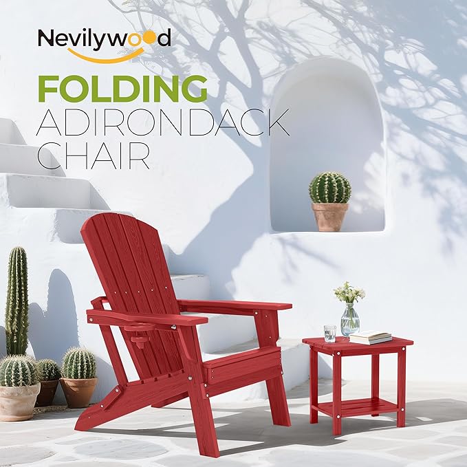 nevilywood Folding Adirondack Chair with Cup Holder Set of 4, HDPE Patio Chairs,All-Weather Outdoor Chairs for Backyard, Deck,Fire Pit-Red