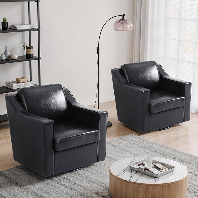 UIXE Faux Leather Swivel Accent Chair, Upholstered Arm Chair for Living Room, Modern Club Armchair Comfy Single Sofa Bedroom Reading Seat with Lumbar Pillow - Black