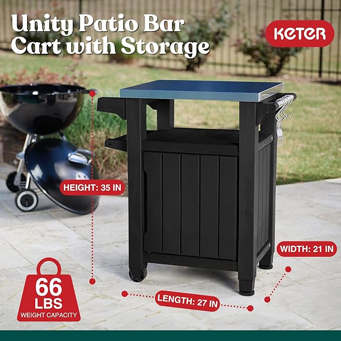 Keter Unity Small 40 Gallon Grill Prep Table and Storage Cart, Grey – BBQ Station with Wheels and Stainless Steel Top, Portable Serving Stand for Patio, Deck, and Backyard