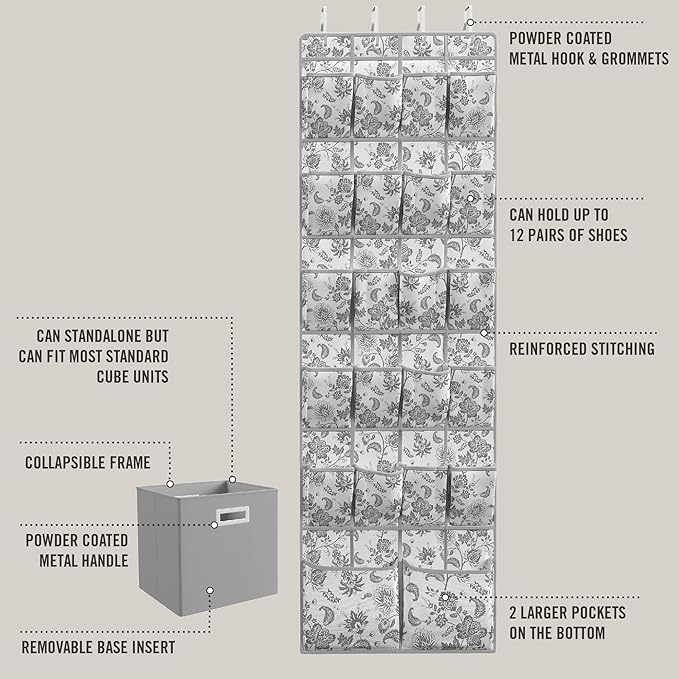 Martha Stewart Essential Closet Home Storage and Organization for Storing Shoes and Accessories, 22 Pocket Over The Door Hanging Organizer with Grey Craft Cube, Bedford Floral