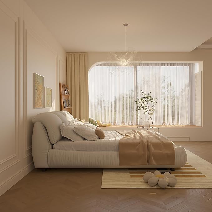 Queen Size Upholstered Platform Bed with Oversized Padded Backrest and Solid Wood Frame for Bedroom, Apartment Room (Beige, Queen (U.S. Standard))
