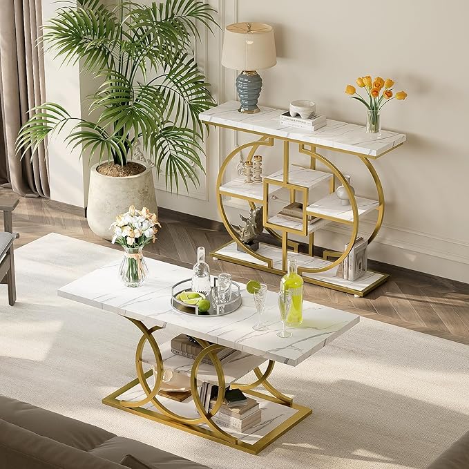 GiftGo Narrow Console Table for Entryway Industrial 4-Tier Sofa Table Behind Couch with Circle Base Rustic Wooden Accent Tables with Storage Shelves for Living Room, Hallway, Foyer (Gold and White)