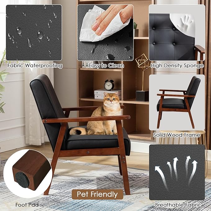 STHOUYN Black Leather Accent Chair for Office, Waiting Room Lobby Chair with Wooden Arms, Mid Century Modern Small Armchair Living Room Sofa Set (Black (Chair))