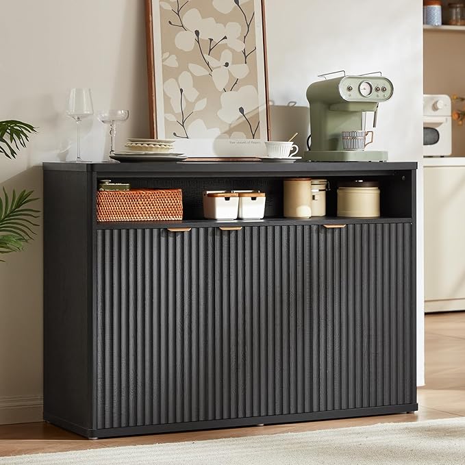 LEYAOYAO Fluted Buffet Cabinet with Storage, 45" Wide Wood Sideboard Credenza with 3 Doors & Open Storage Shelf, Modern Kitchen Console Accent Cabinets, Coffee Bar Table for Dining Room, Black Oak