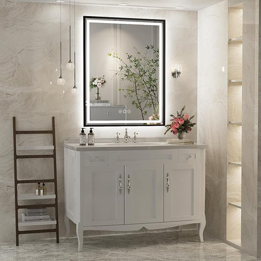 28X36 Inch Framed LED Lighted Bathroom Mirror,Backlit and Front Wall Mounted Black Metal Vanity Mirrors with Lights,Double LED Dimmable Illuminated & 3 Colors Temperature Anti-Fog Mirror