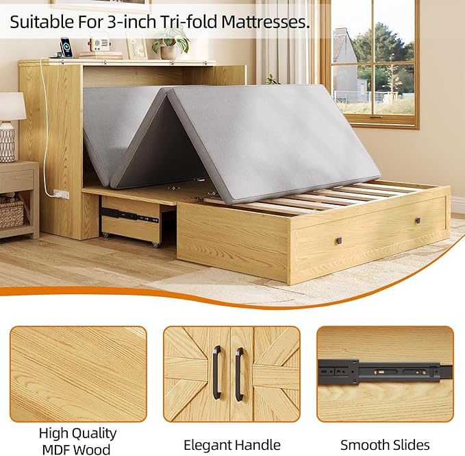Murphy Bed Queen with Storage & Charging Station, Murphy Cabinet with Foldable Panel, Noisy Free, for Guest Bedroom, Living Room, Office, Distressed,Natural
