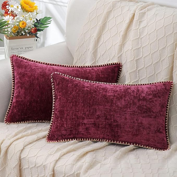 decorUhome Christmas Chenille Soft Throw Pillow Covers 12x20 Set of 2, Lumbar Velvet Farmhouse Neutral Decorative Euro Pillow Covers with Stitched Edge for Couch Sofa Bed Home Decor, Rhododendron