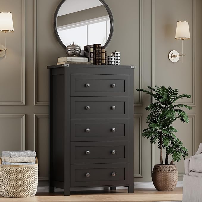 Tall 5-Drawer Dresser, Modern Wooden Storage Chest of Drawers, Dresser TV Stand, Wood Drawer Organizer with Metal Handles for Bedroom, Living Room, Hallway