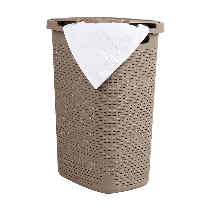 Mind Reader Slim Laundry Hamper with Lid, 60L Clothes Basket, Premium Wicker Design, Plastic, Tan