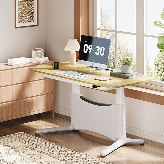 COLAMY Electric Standing Desk, Whole-Piece Gaming Desk with Dual Motors, Ergonomic Footrest, Drawers for Storage, Adjustable Height Sit-Stand Desk for Home Office (MFC Desktop, Light Maple + White)