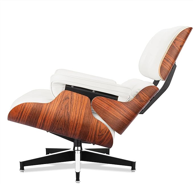 Top White Grain Leather, Mid Century Chaise Lounge Chair and Ottoman, Modern Chair Classic Design, Palisander Wood, Heavy Duty Base Support for Living Room Office